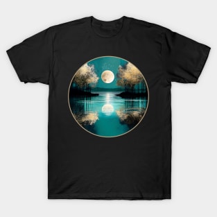 Teal Blue Lake Full Moon Rustic Reflections T-Shirt